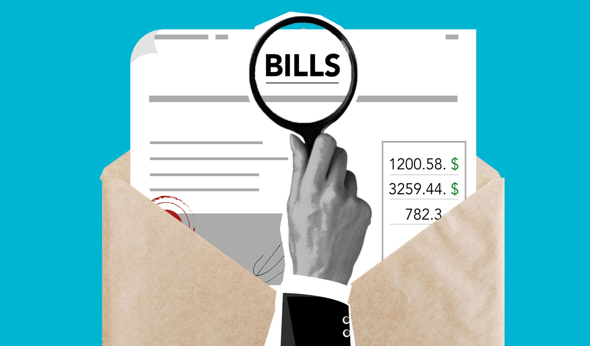 A magnifier over pages of financial statements