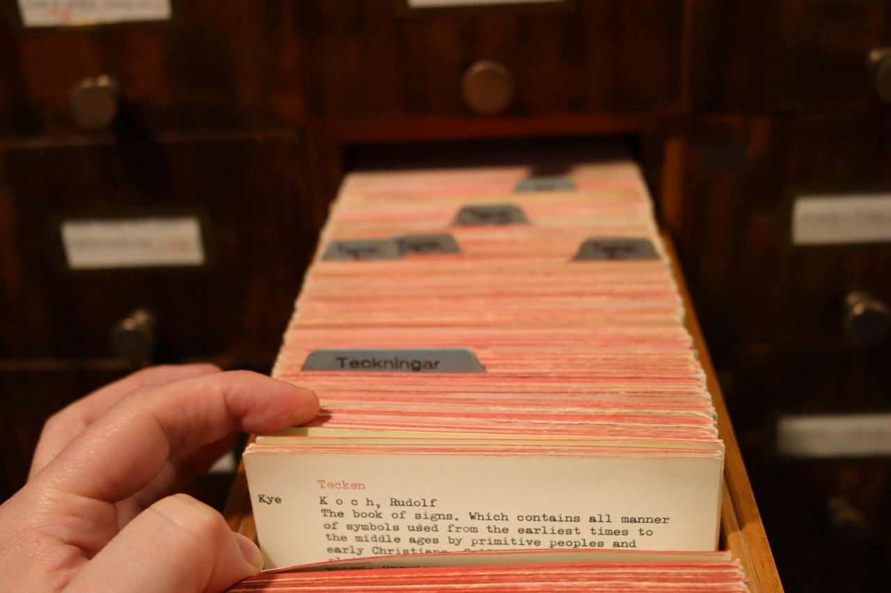 Open drawers of a library index-card catalogue