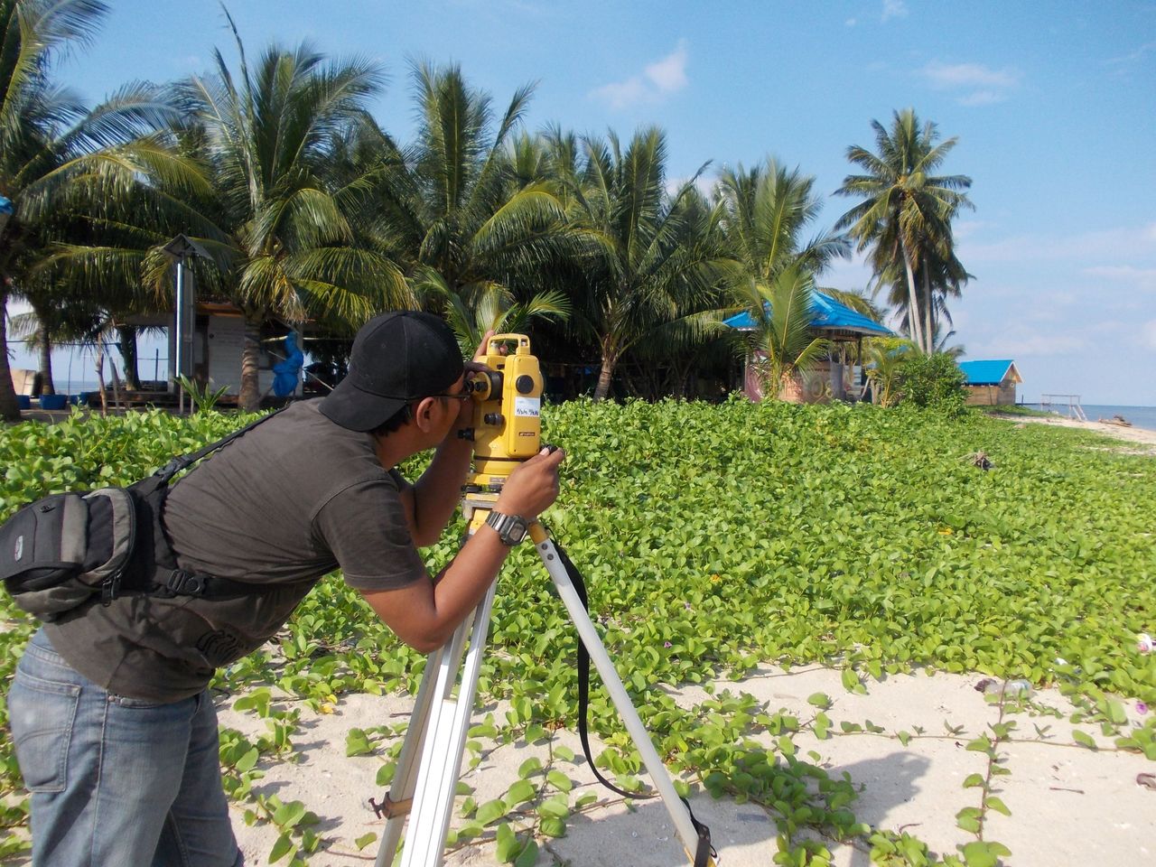 A surveyor’s theodolite set up in an open field