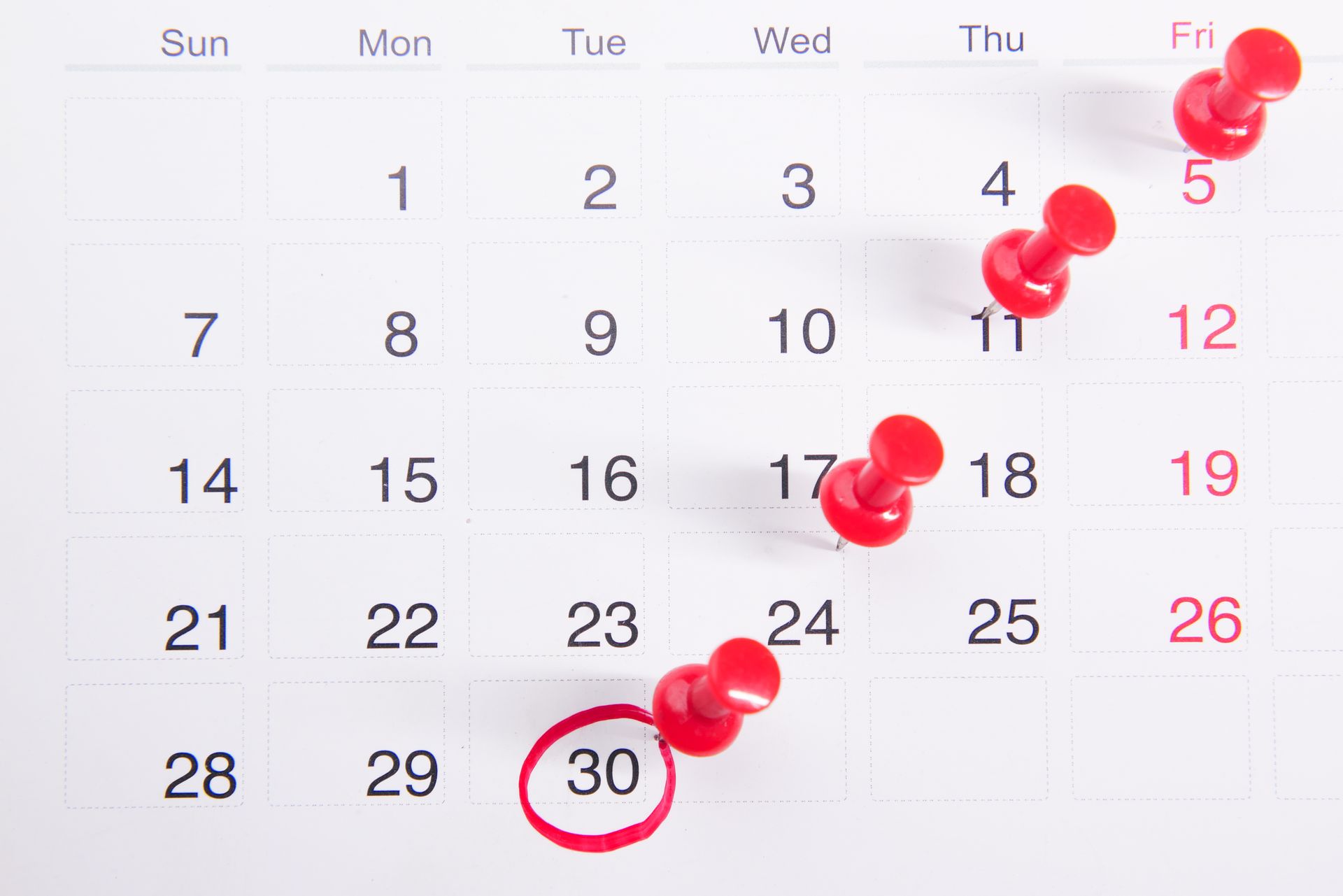 A calendar with marked days