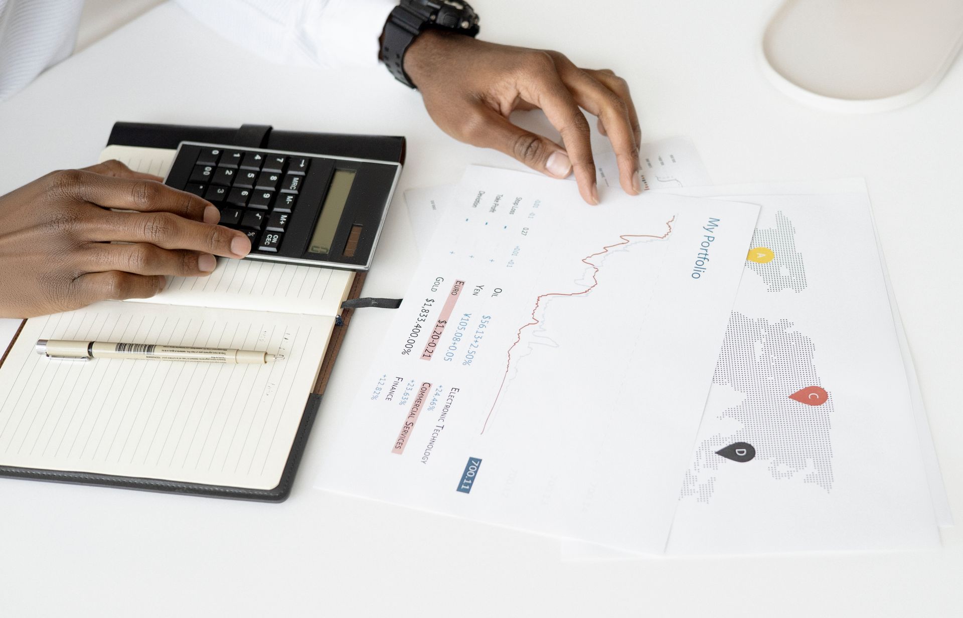 A calculator beside an earnings spreadsheet
