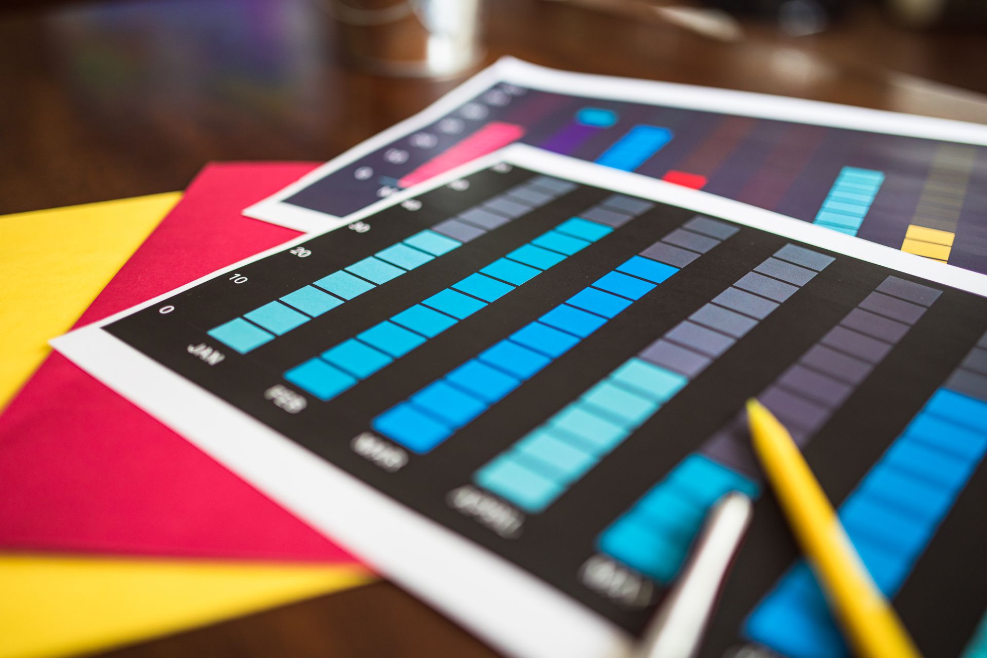 A monthly revenue bar chart on a laptop