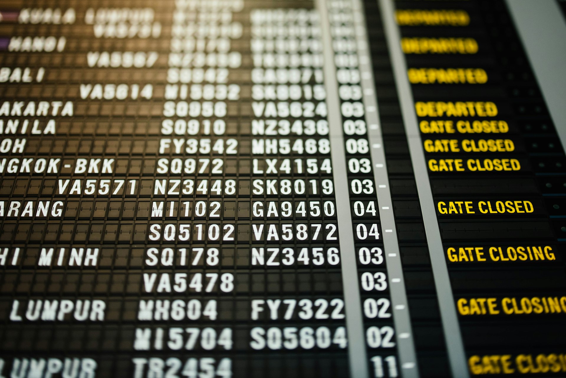 An airport departure board