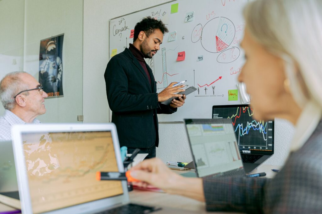A business meeting with a laptop presentation
