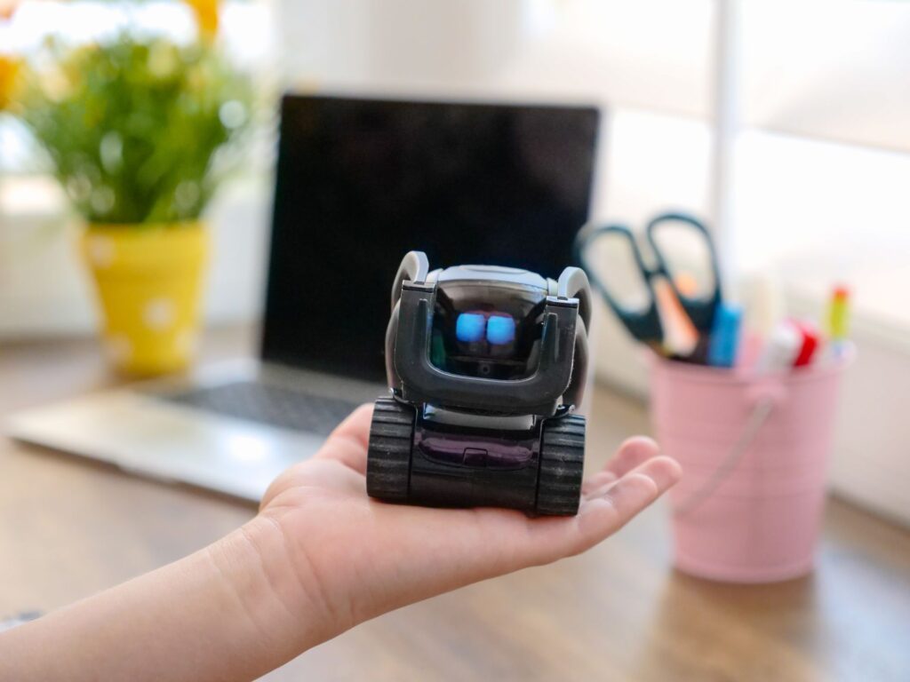 A toy robot on a desk