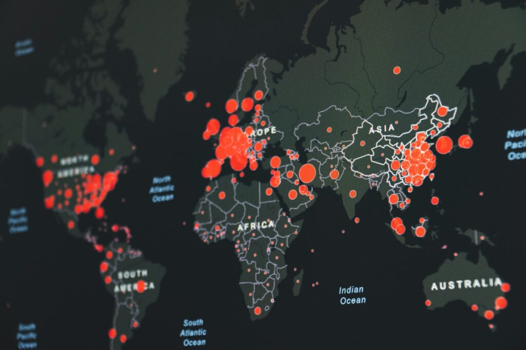 Network lights across a world map