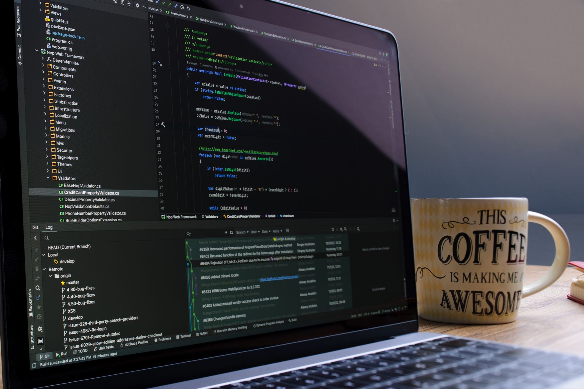 A developer at a desk with coffee