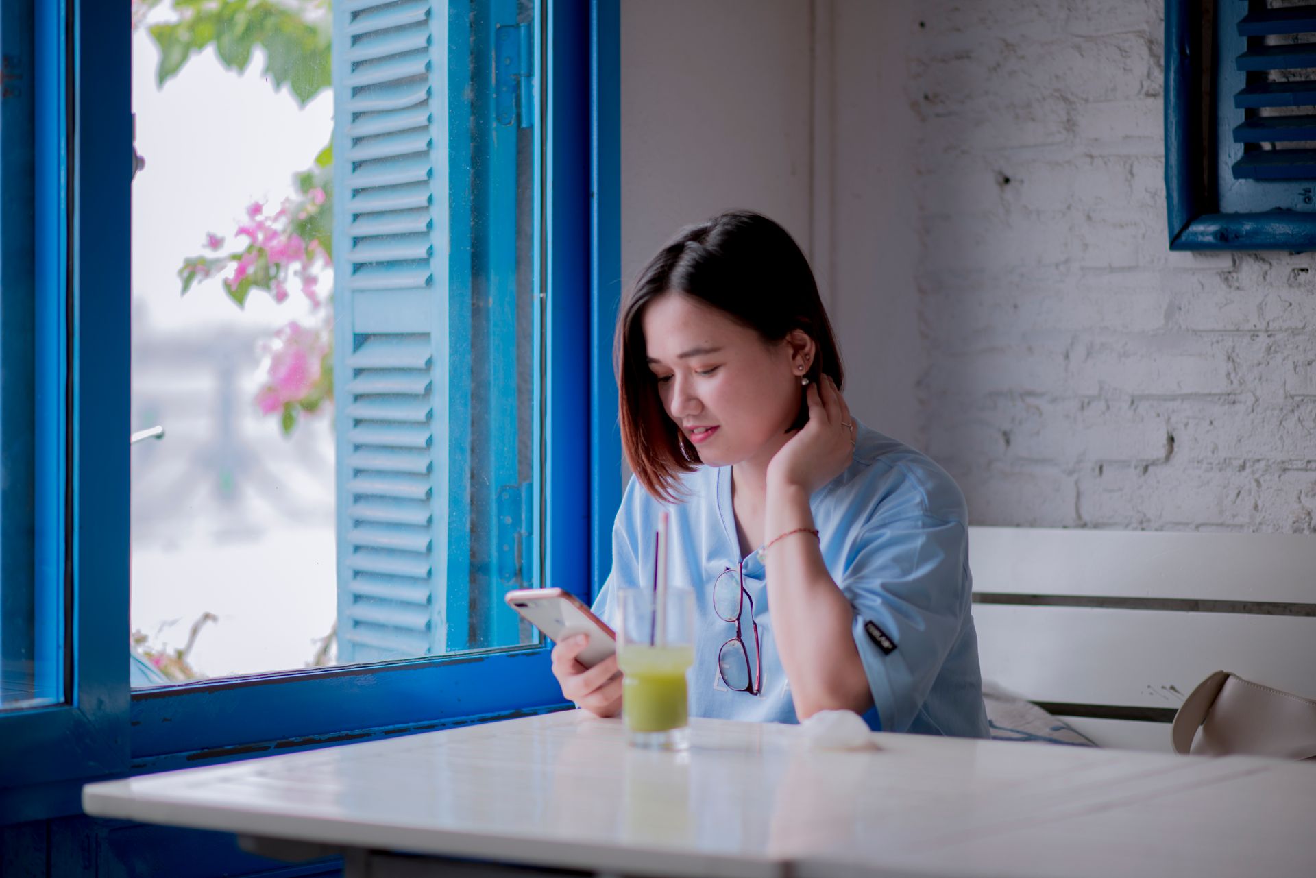 A person reading reviews on a phone