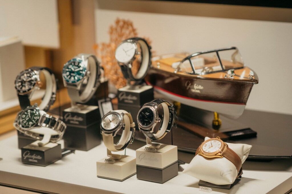 A luxury watch in a display case