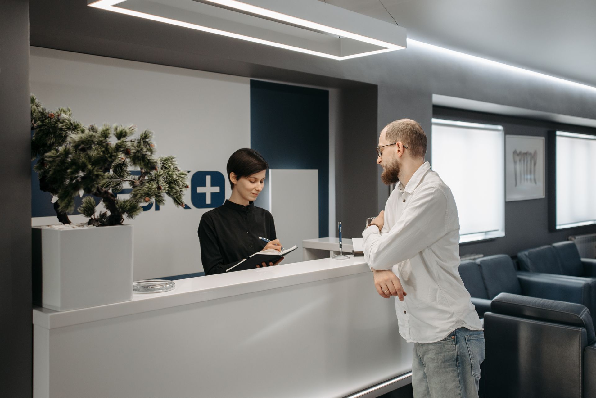 A reception desk in an office