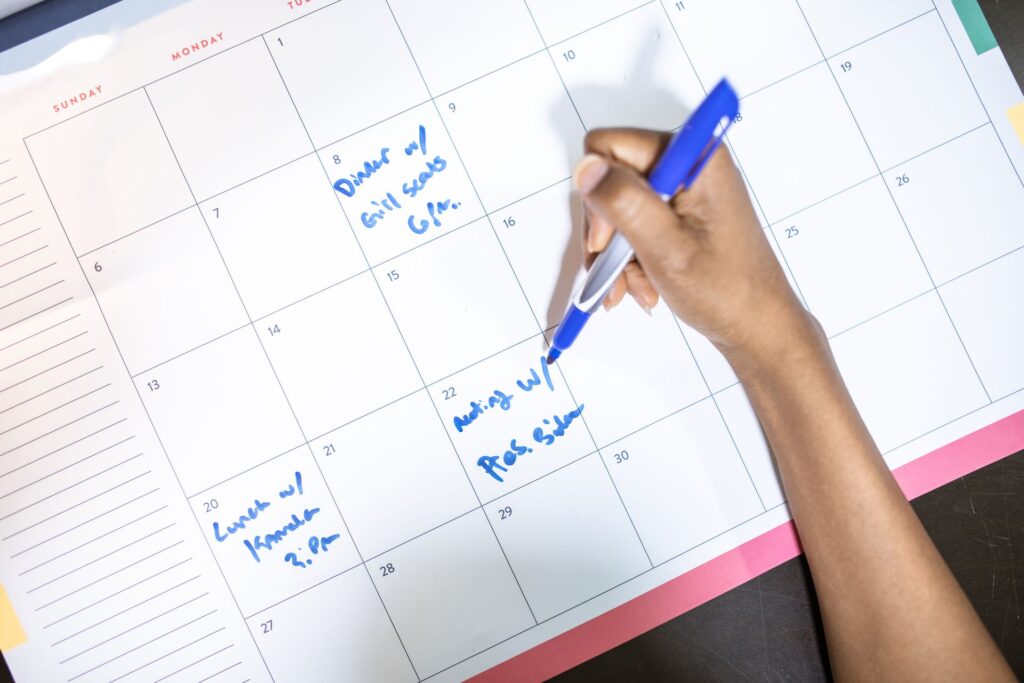 A calendar with a writing schedule