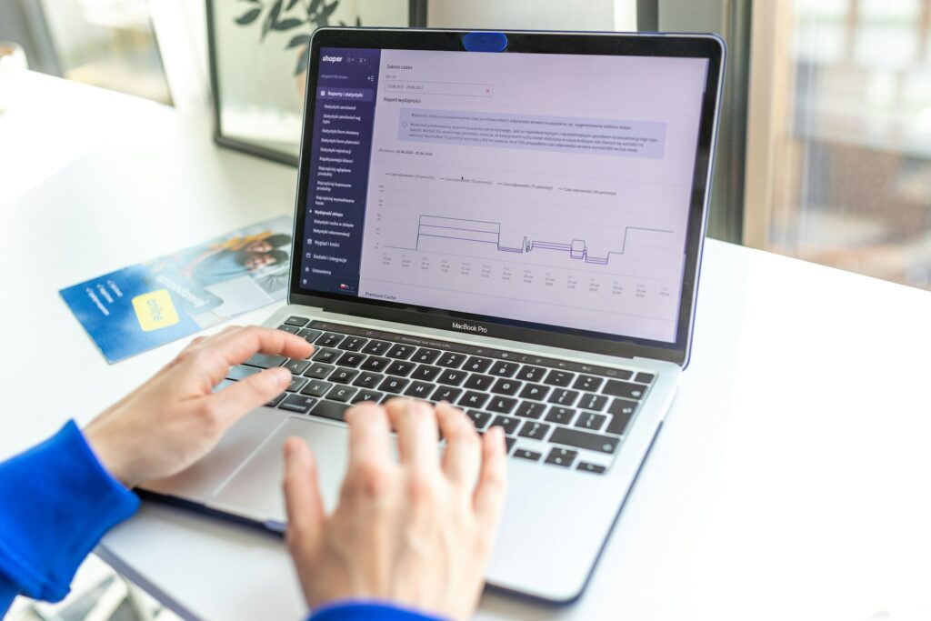 A keyword research spreadsheet on a laptop