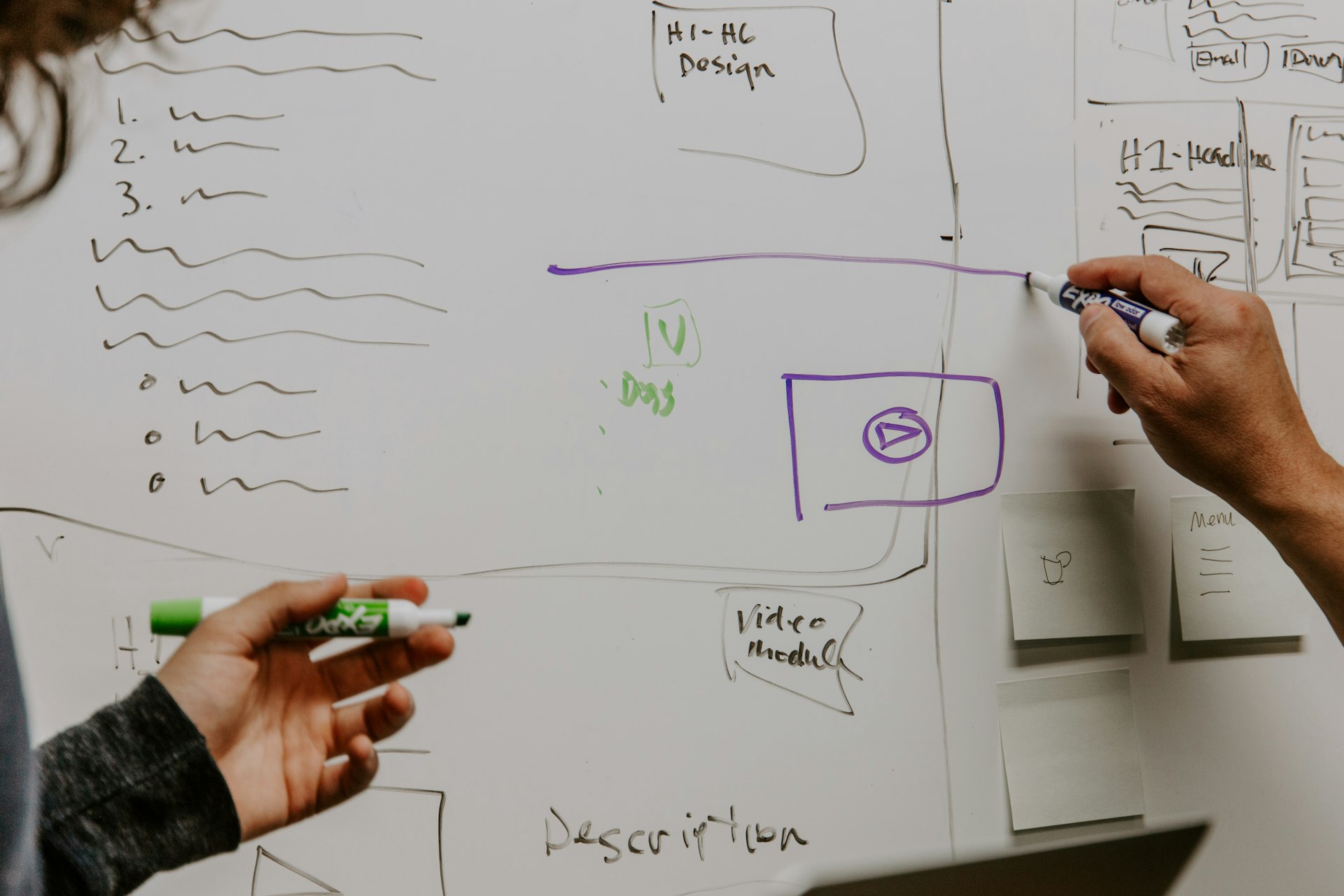 A marketer planning content on a whiteboard
