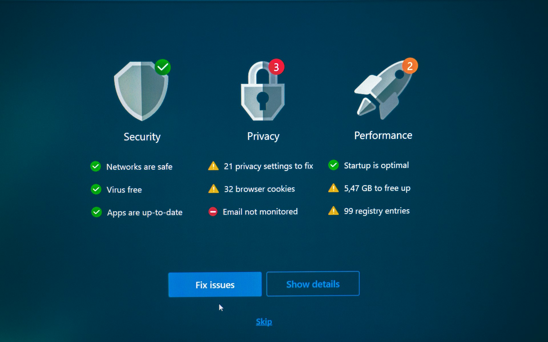 A manual actions and security issues screen