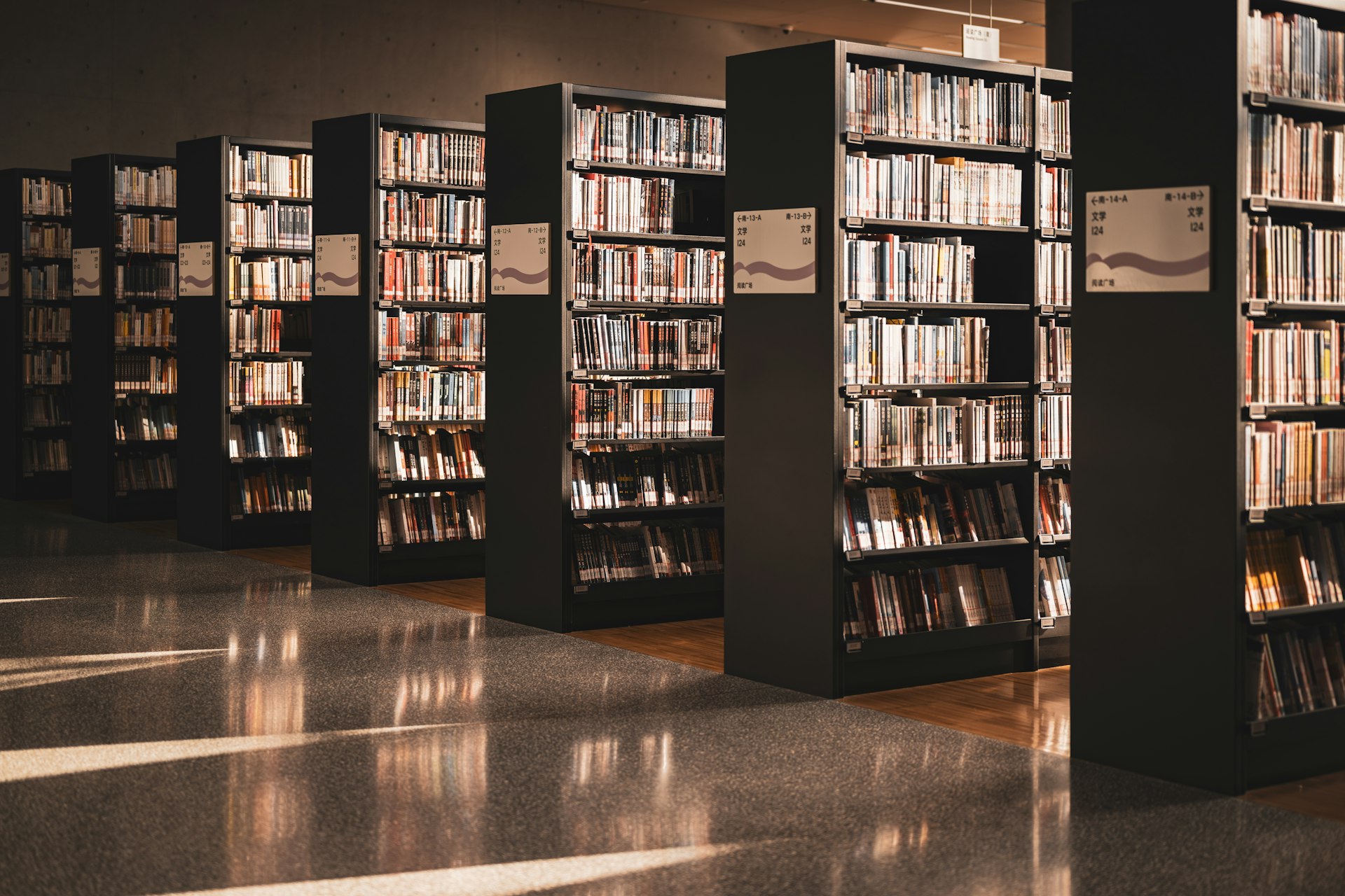 Library shelves with signs