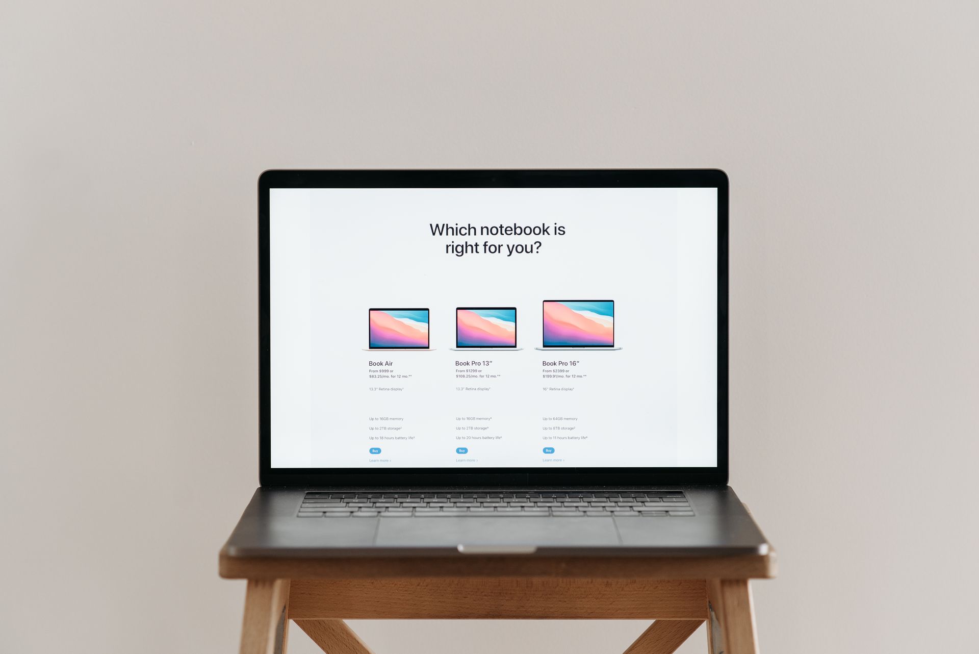 A comparison table of products on a website