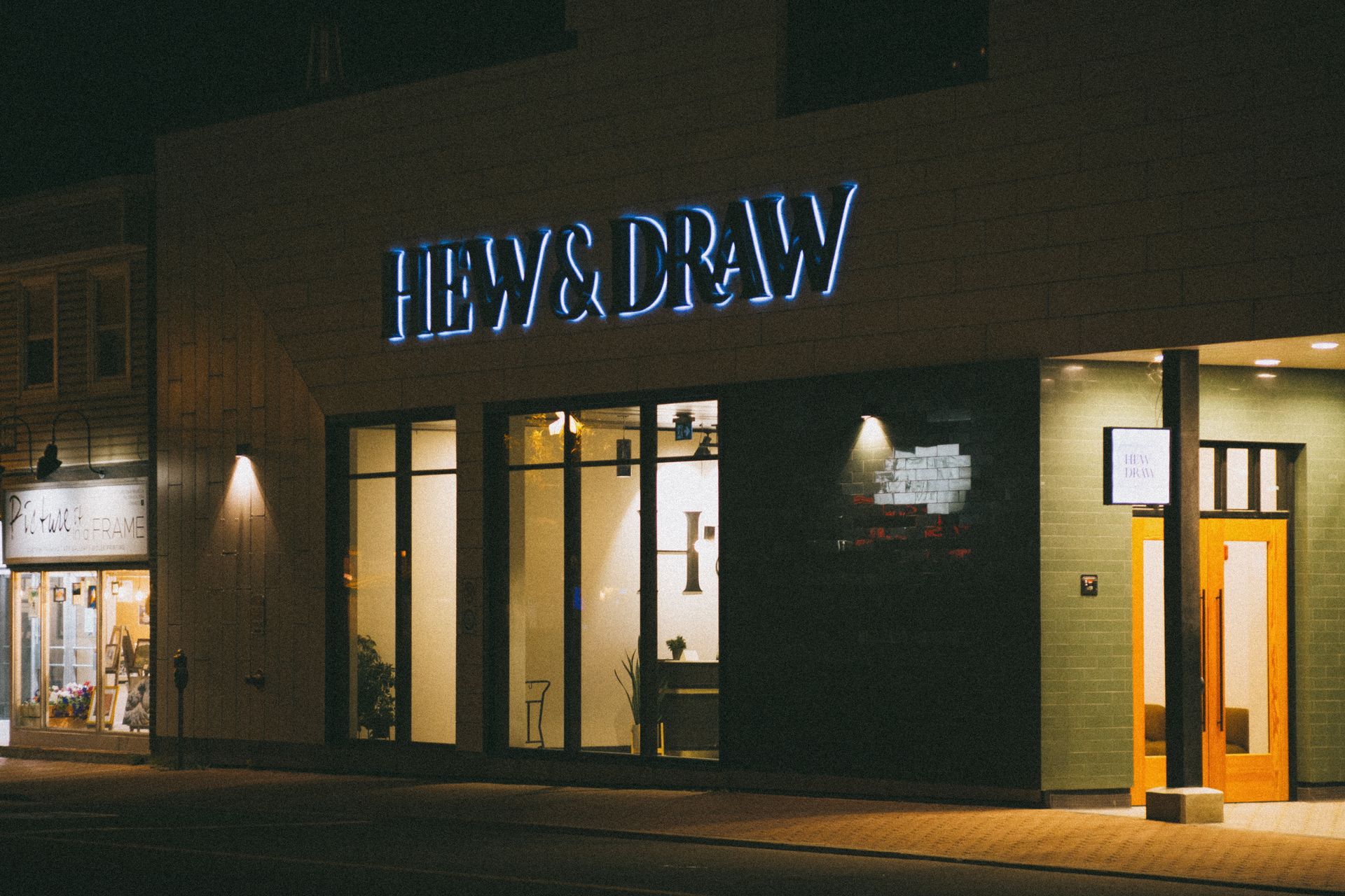 A storefront at night