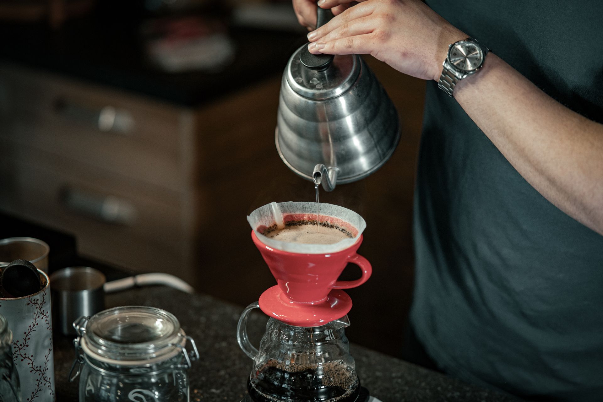 Coffee dripping through a filter