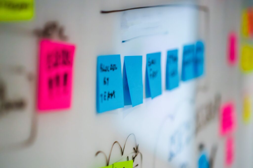 A strategy board with sticky notes
