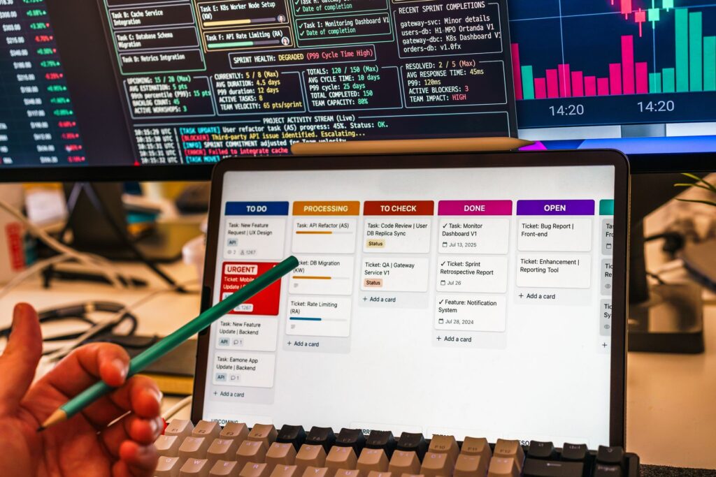 An SEO dashboard with KPI tiles on a monitor