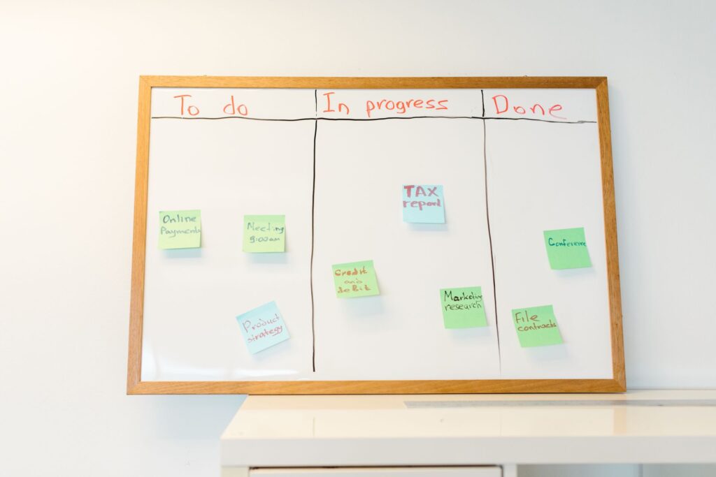 A project timeline on a whiteboard