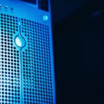 Server racks with warning lights