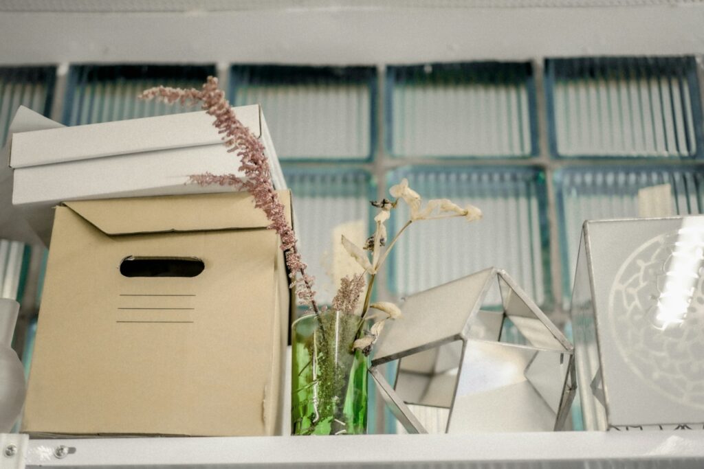 Moving boxes and a plant in an office