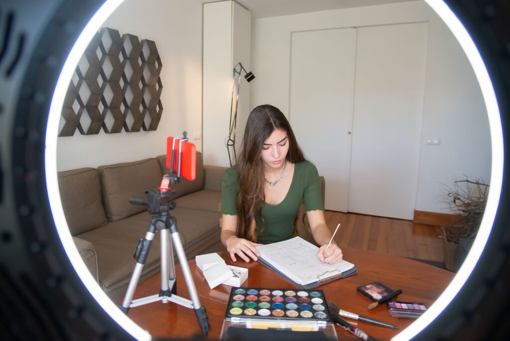 A blogger writing at a desk