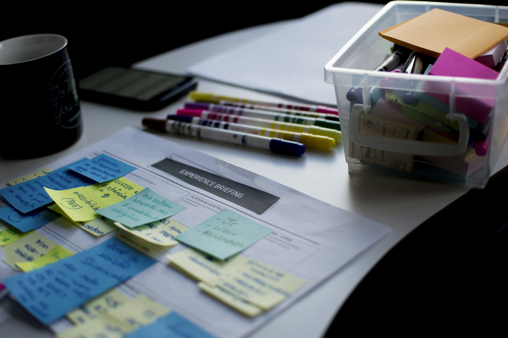 A colourful labels on desk